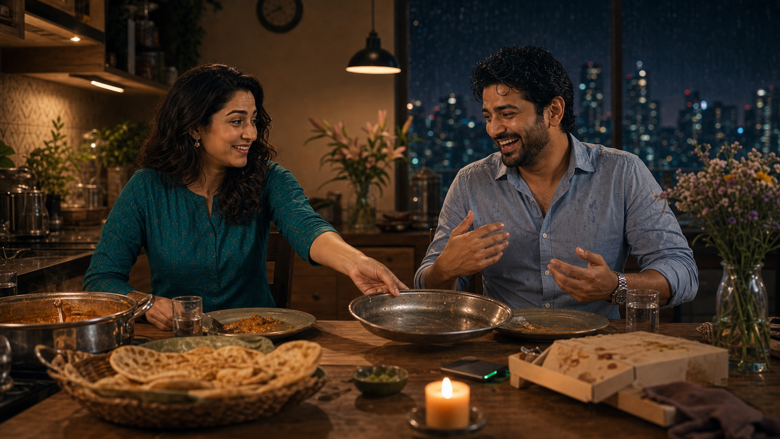 A fictional couple reconnecting over dinner